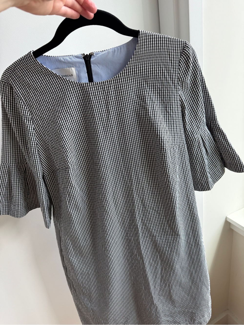 Gingham Shift Dress with Ruffle Sleeves - Black & White
